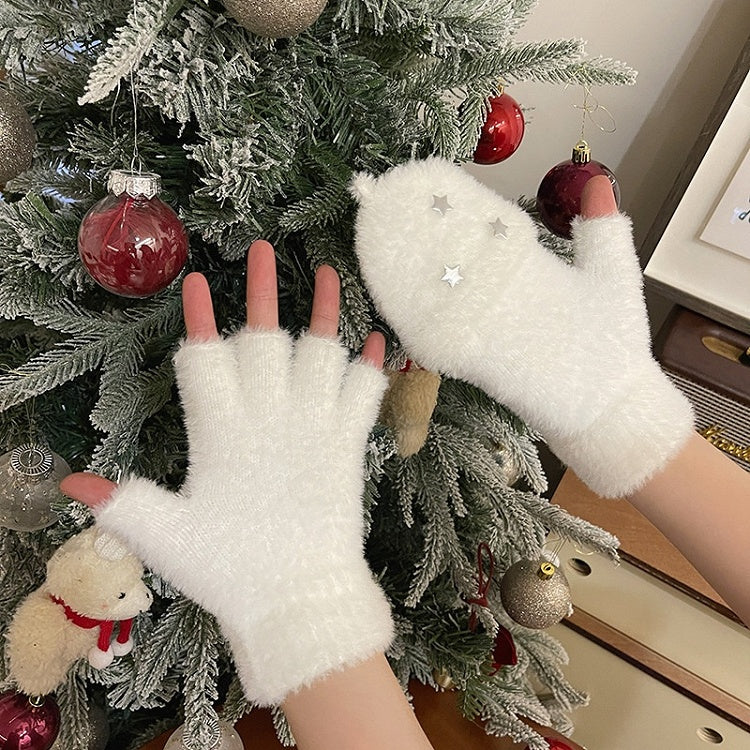 Schwarz/weiße Plüschhandschuhe mit Stern-Klappe