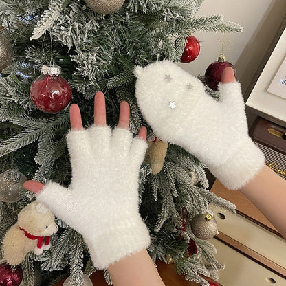 Schwarz/weiße Plüschhandschuhe mit Stern-Klappe