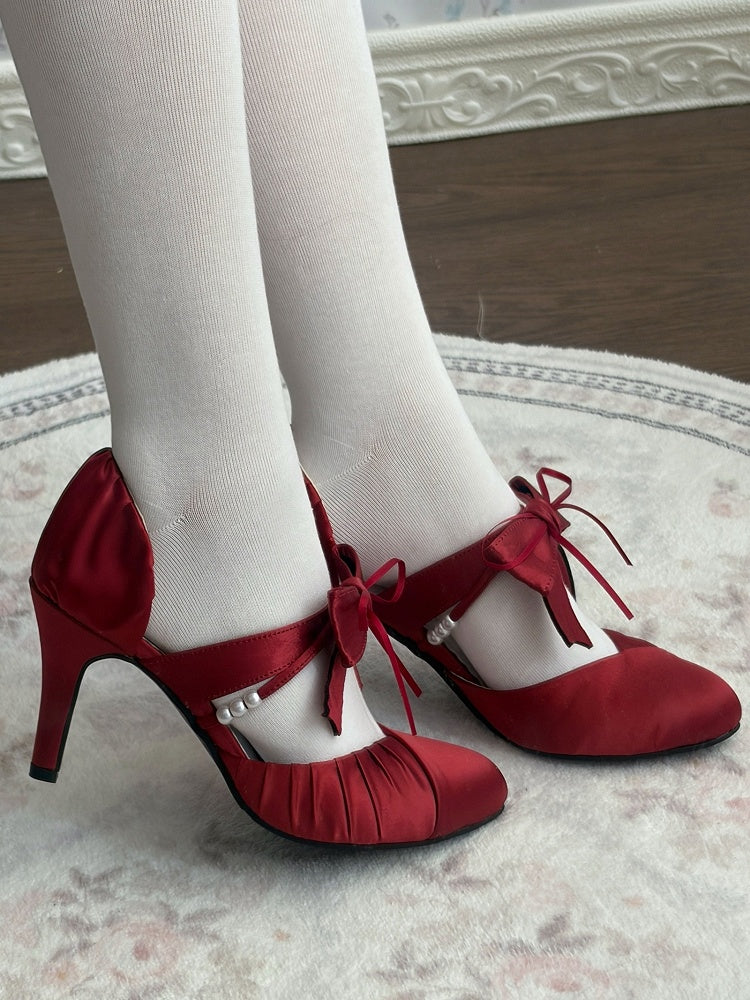 with Lolita Satin High-heel Toe Classic Accents Bow Red Pointed Shoes