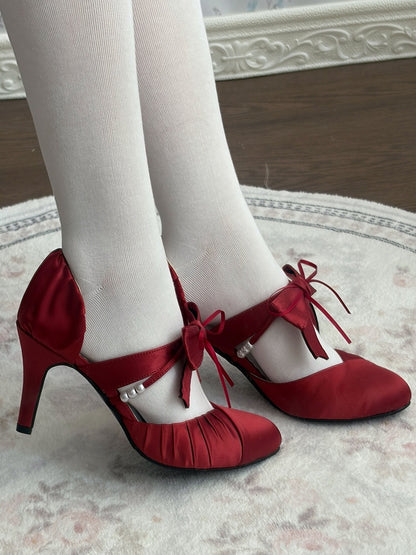 with Lolita Satin High-heel Toe Classic Accents Bow Red Pointed Shoes