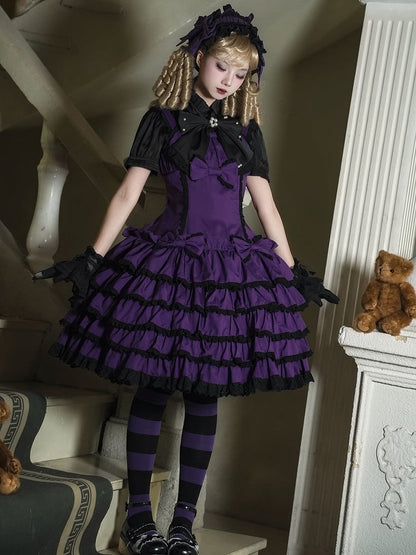 Lolita Gothic and Purple Lace Accents with Trim Dress Ruffles Black Bow Tiered