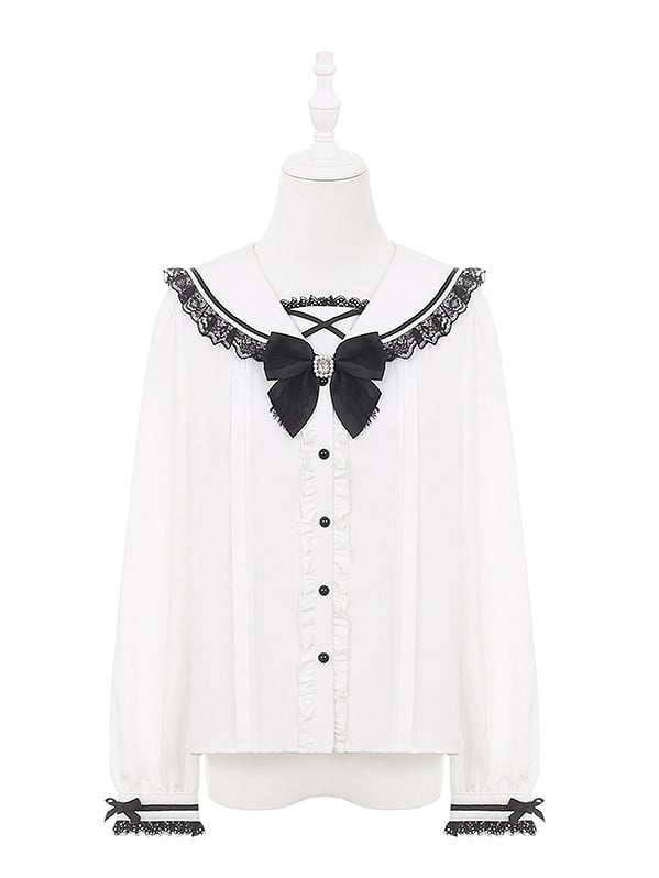 Blouse with Long White Sleeve Style Landmine Lace-Trimmed Sailor Collar Black