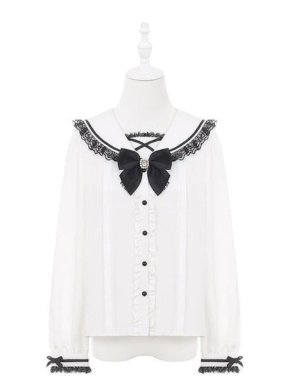 Blouse with Long White Sleeve Style Landmine Lace-Trimmed Sailor Collar Black