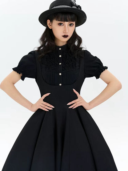 and Ruffle Sleeves Short Pleating Lolita with Front Blouse Black