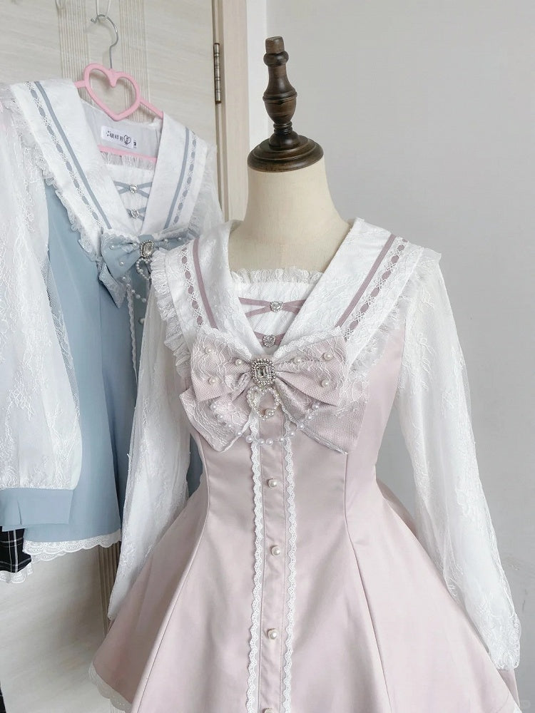 Sailor Pink Long Dress and Shorts Matching - Navycore Collar Kei Jirai Outfit Sleeves
