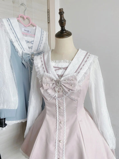 Sailor Pink Long Dress and Shorts Matching - Navycore Collar Kei Jirai Outfit Sleeves