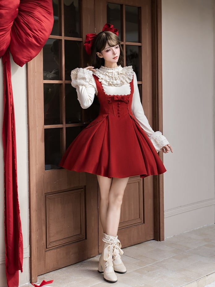 Red Version Embroidery Boned Waist Dress Short Rosette Lolita