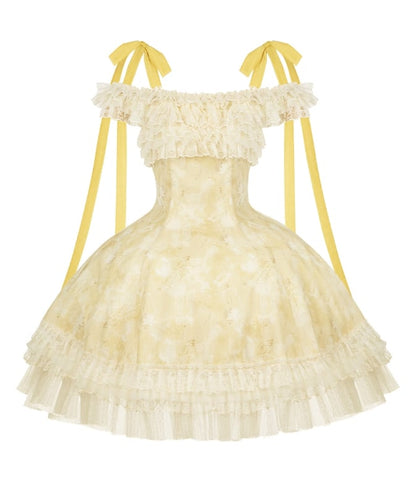 Yellow Neckline Dress Light Print Versatile Floral Lolita and Butterfly