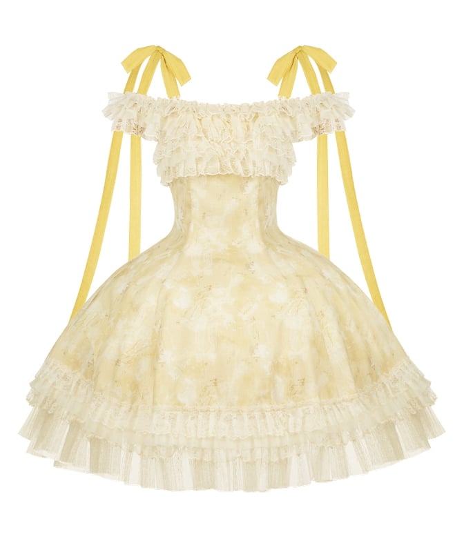 Butterfly Print Light Yellow Versatile Neck Lolita JSK Dress with Detachable Shoulder Straps - With PUJI