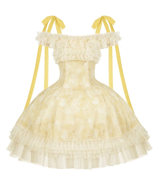 Butterfly Print Light Yellow Versatile Neck Lolita JSK Dress with Detachable Shoulder Straps - With PUJI