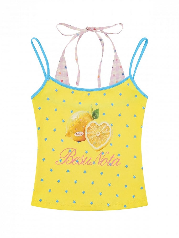 Sweet Cool Kawaii Yellow Fake Two-Piece Halter Camisole Top with Star and Lemon Prints - Languid Park