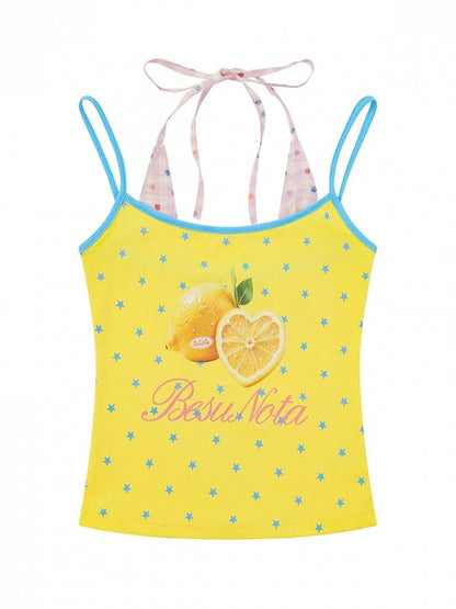 Sweet Cool Kawaii Yellow Fake Two-Piece Halter Camisole Top with Star and Lemon Prints - Languid Park