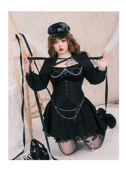 Belt Size PU Cross Black Silver Goth Plus Y2K Charms with Chains