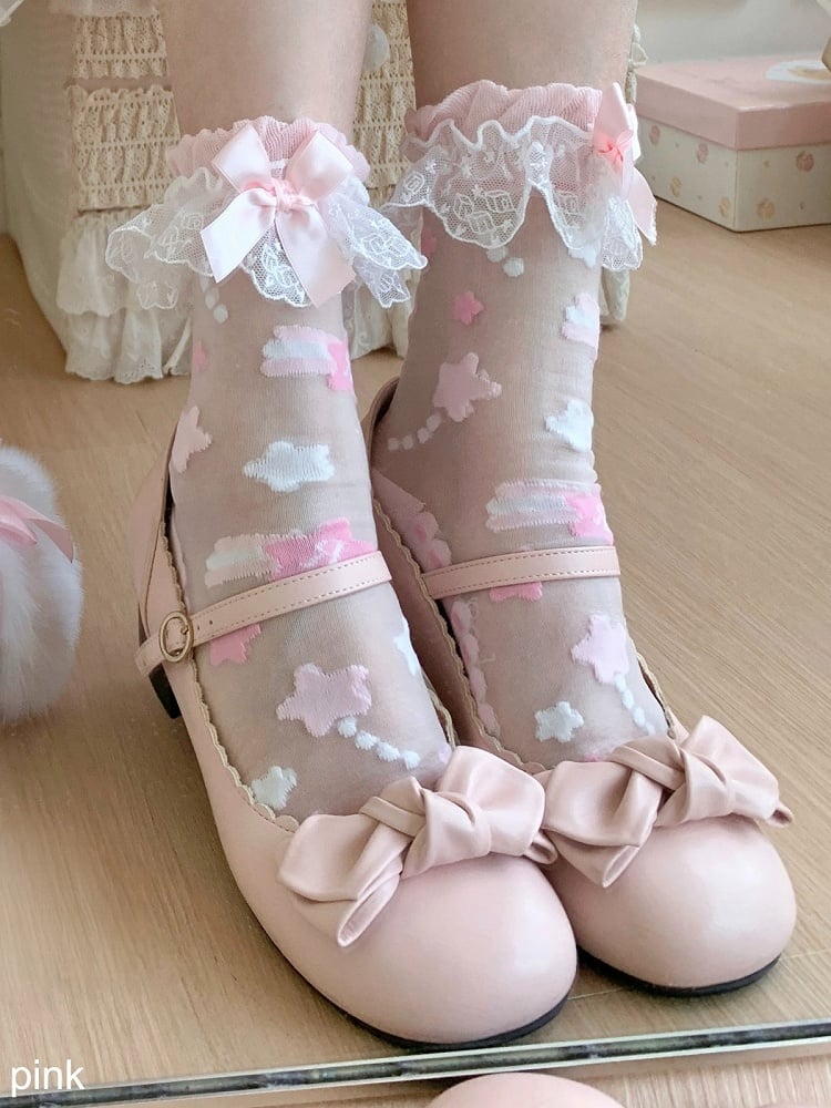 Sheer Ankle Socks with Bow Lace Trim & Star Decoration, 7 Colors - ROJI ROJI