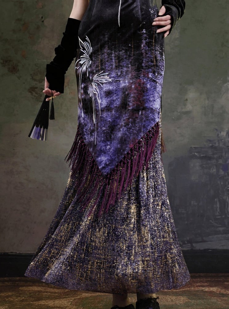 Chinese Qipao Butterfly Wing Embroidered Mermaid Dress Fringe - sijinstudio