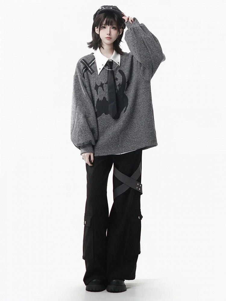 Round Cute Sweatshirt Print Neck Accent Cat Zip with