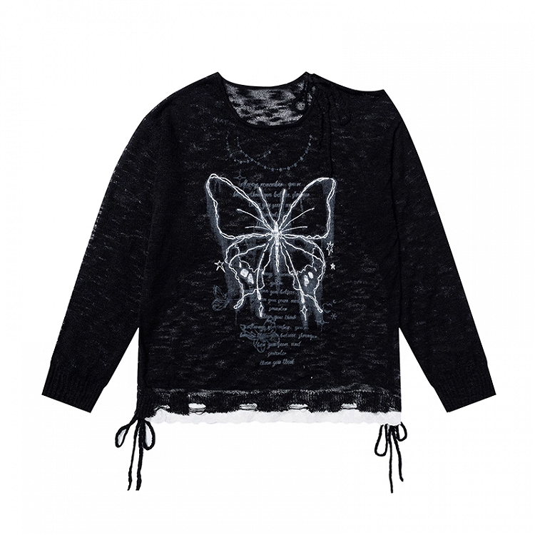 Coverup Semi-sheer Butterfly Print Cutout Shoulder White/Black/Apricot