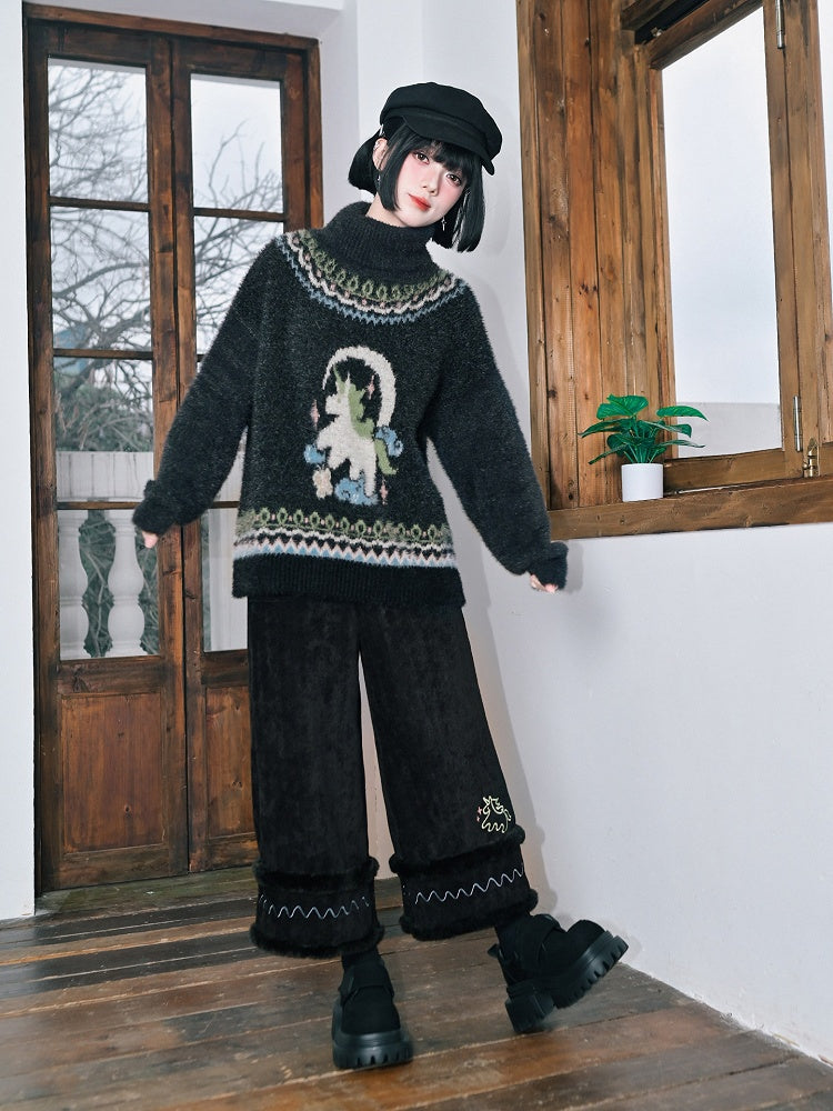 Black High-Waisted Wide-Leg Pants with Pony Embroidery & Fur Hem - Quirky Hut