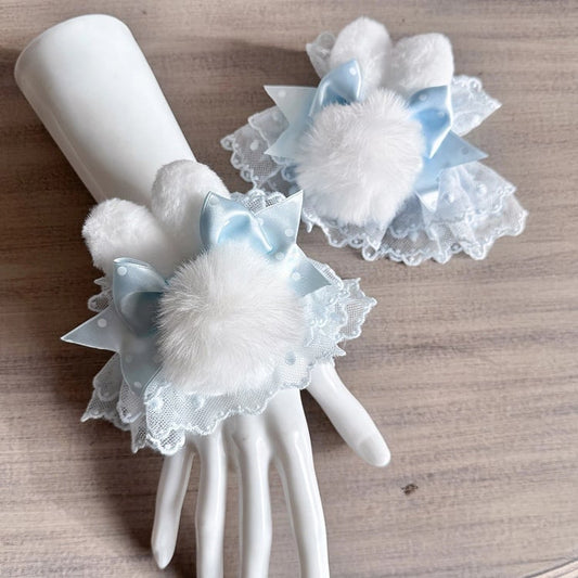 Polka Wrist Accents) Light Dot Lolita Cuffs Blue (Furry Pom-Pom