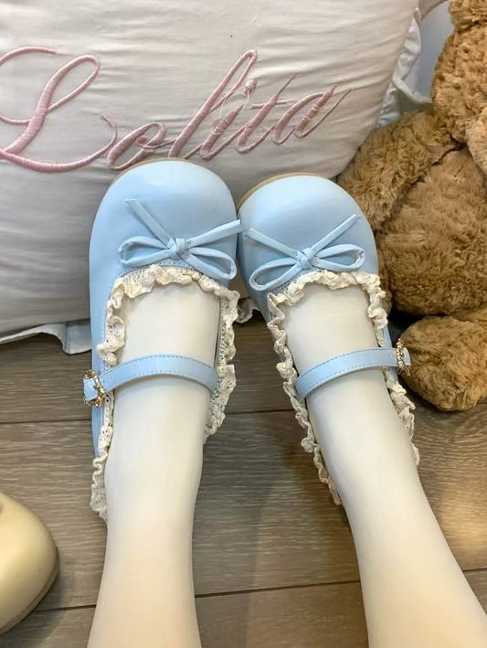 Toe Sweet Sky Heels Leather Lace Blue Edging PU Intricate Low Lolita with Round
