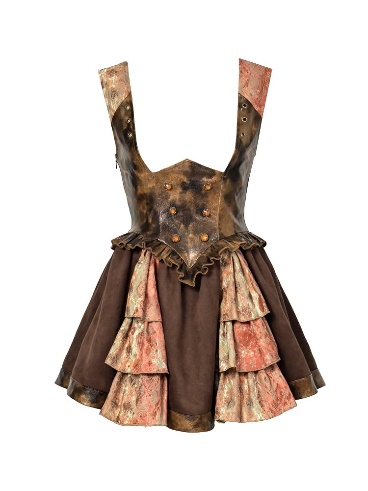 Lace Steampunk Suspender Orange Under-bust PU with Dress Brown Layers