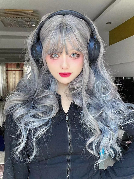 65cm オンブレエアウェーブウィッグ グレーバングス ブルー