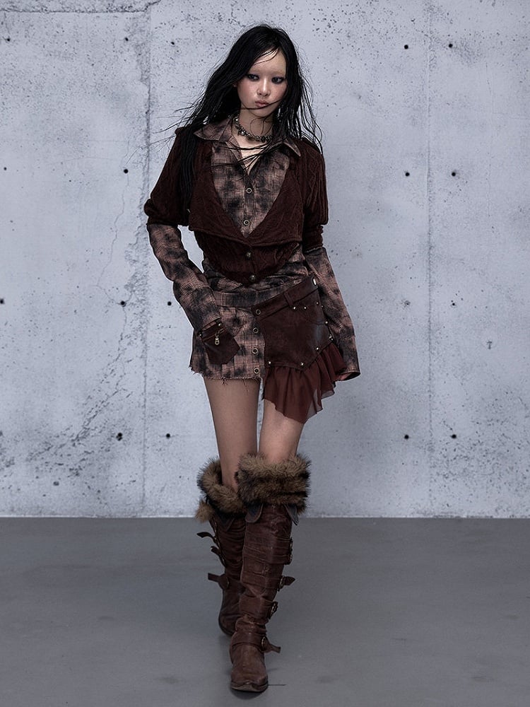 Long Shirt - Plaid Two-piece Sleeve Red Pattern Top Collar Brown