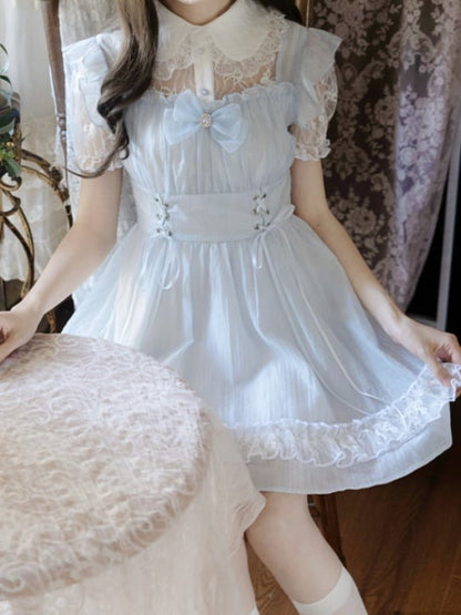 Kragen Schnürung Taille Pan Jirai Kei Kleid Hellblau Illusion Ausschnitt Peter