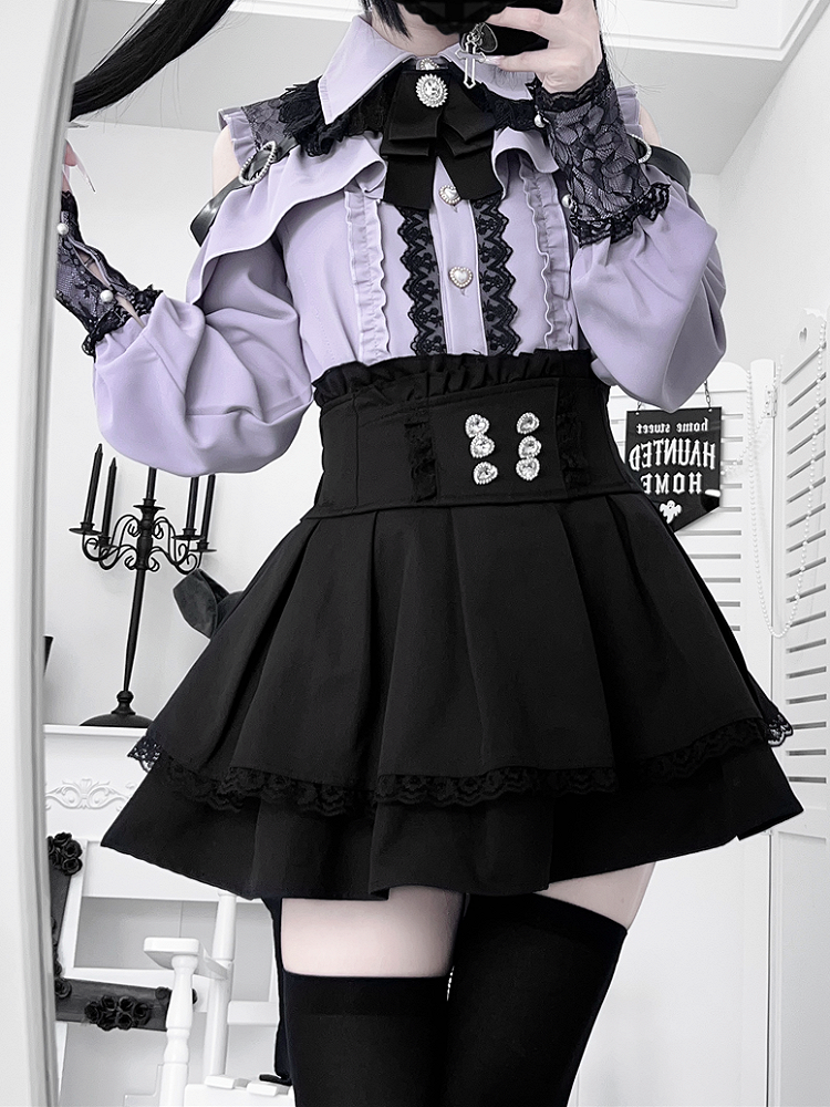 | Shoulder Kei Cutout Blouse with Dusty Purple Heart Decorative Look Buckle Jirai