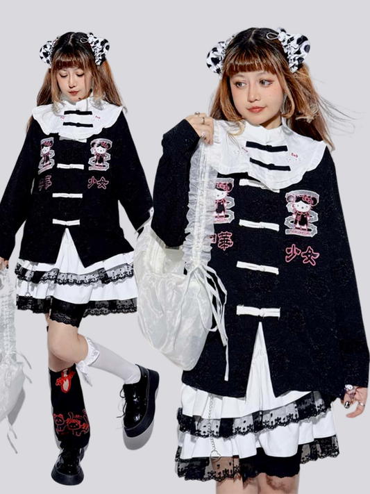 ブラック/ブルーの長袖キティバンドカラージライケイトップス