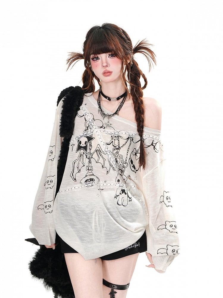 White Semi-sheer Asymmetrical Neckline Lace Applique Graphic Top