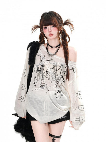 White Semi-sheer Asymmetrical Neckline Lace Applique Graphic Top