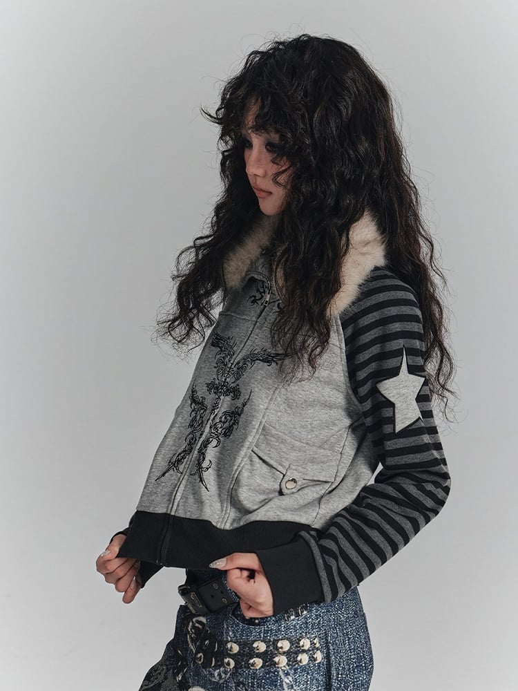Punk Striped Fur Gray Wing Faux Print Collar Zip-Up Sleeves with Jacket