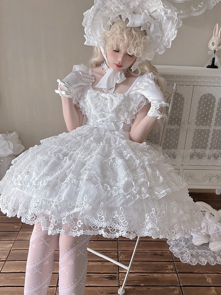 Pattern Layered Bow Lolita Accents White Musical Note Dress Lace and with