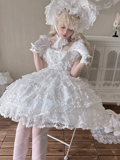 Pattern Layered Bow Lolita Accents White Musical Note Dress Lace and with