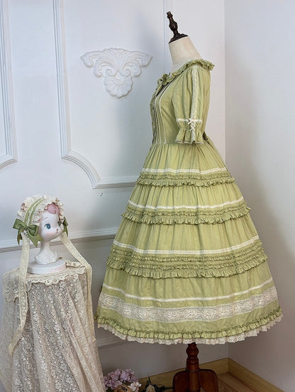 Green Layered Ruffles Elegant Lolita Dress Front Button Placket - Miss Point
