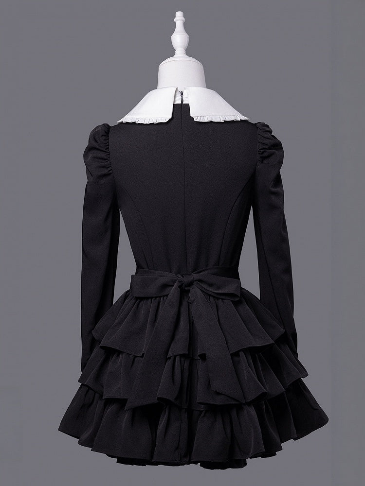 Black White Jirai Kei Collared Tiered Ruffle Dress Shorts Set - Fluffy Heart