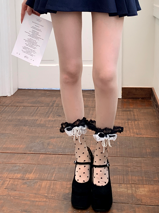 Yellow/Pink/Blue/Black Pattern Ankle Bowknot Beaded Trim Lace Socks Polka-dot