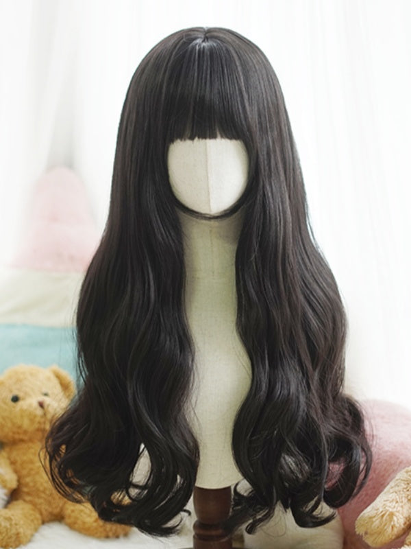 Schwarz/Weiß/Hellblond/Blond/Karamell/Grau, hüftlange, gewellte Perücke mit vollem Pony