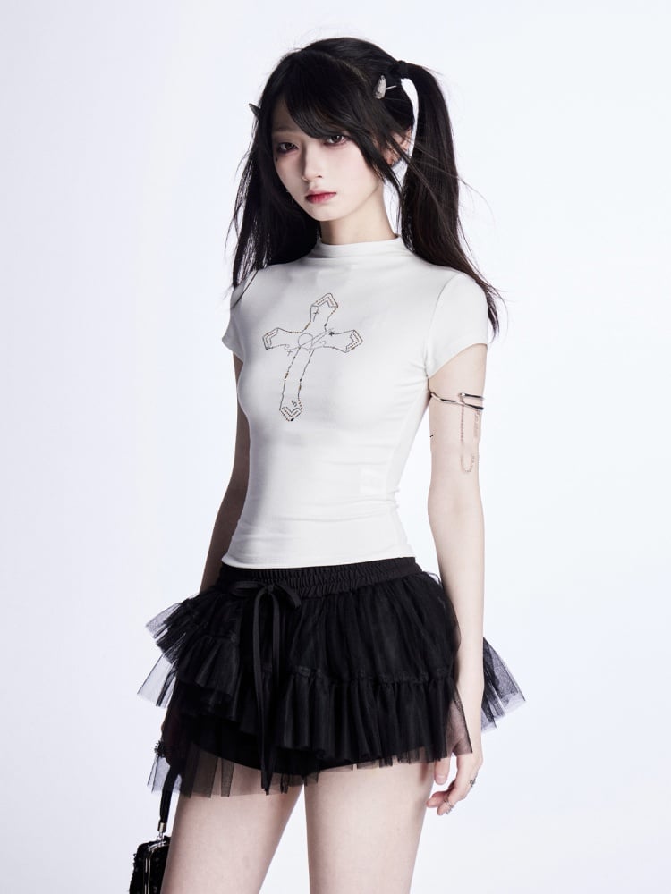 Mock Neck Cross Rhinestones T-Shirt Pink/White/Black