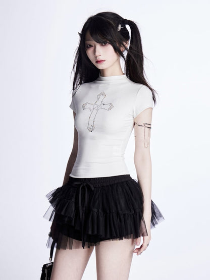 Mock Neck Cross Rhinestones T-Shirt Pink/White/Black