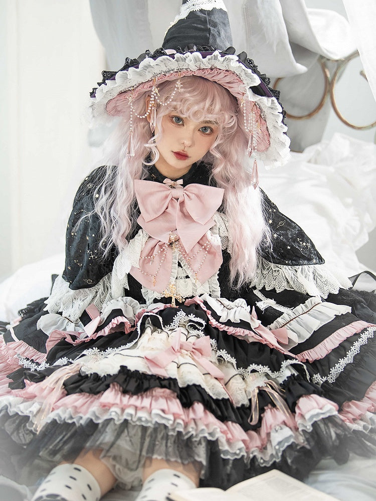 Schwarz-Rosa Süßes Hexenkleid mit hoher Taille, Lolita-Pulloverrock, komplettes Set