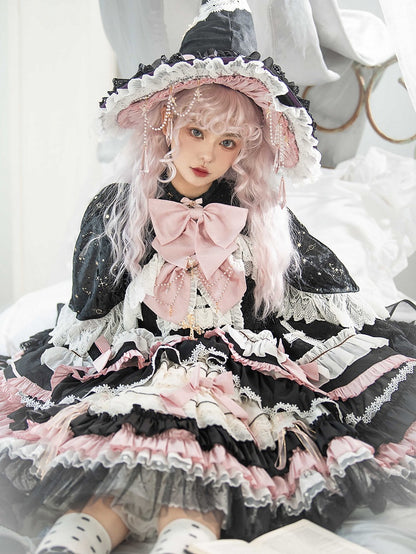 Schwarz-Rosa Süßes Hexenkleid mit hoher Taille, Lolita-Pulloverrock, komplettes Set