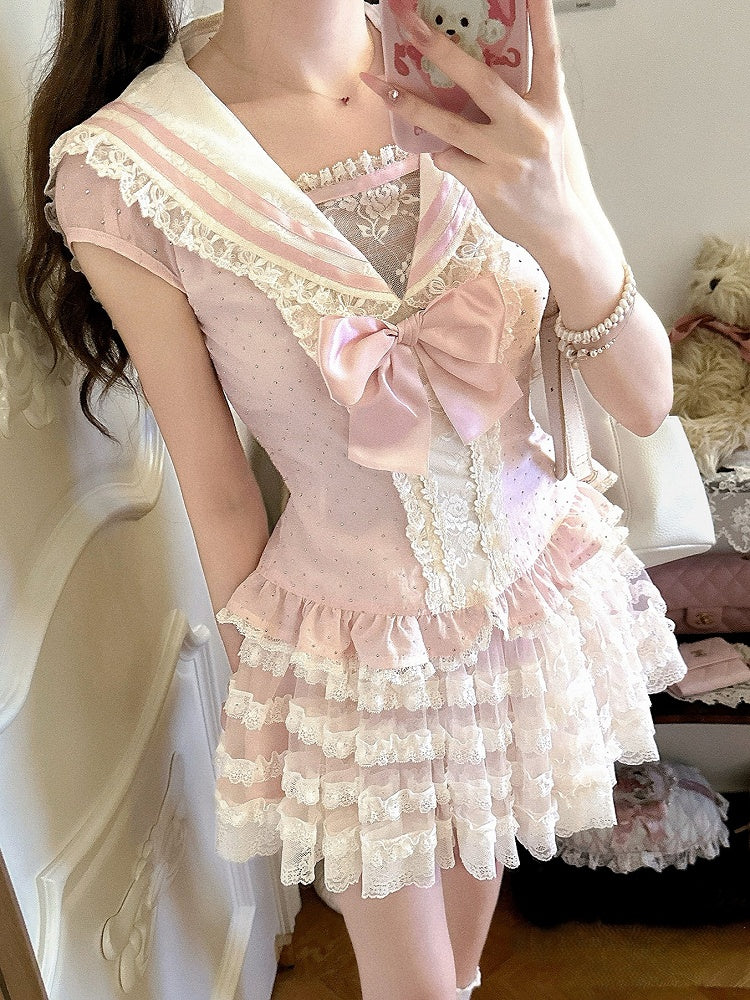 Rosa Chiffon-Top mit Seemanns-Kragenärmeln und