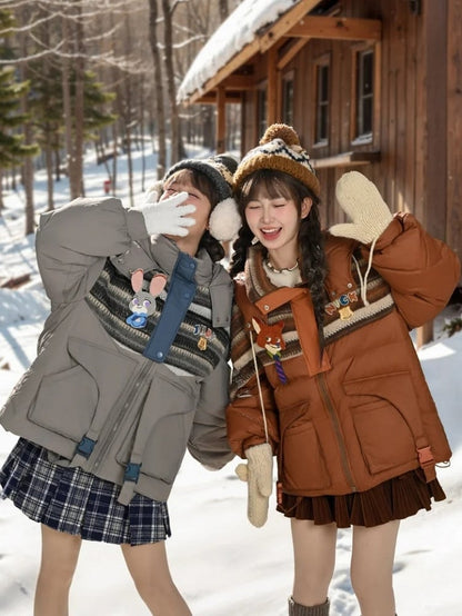 パッチワークデザイン グレー フード付きダウンジャケット