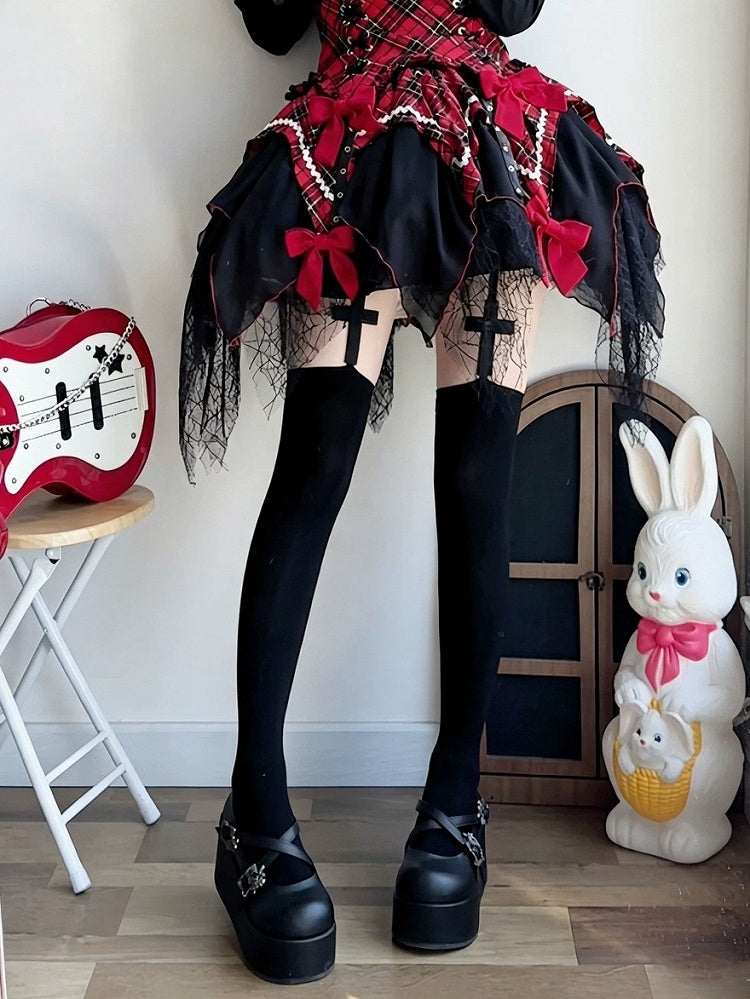Cross-Patterned Gothic Lolita Over-The-Knee Stockings, Black - Milkcat Studio