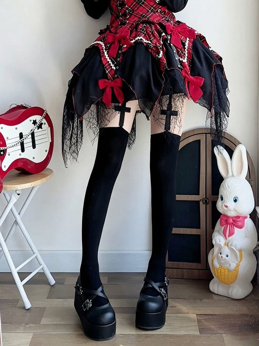 Cross-Patterned Gothic Lolita Over-The-Knee Stockings, Black - Milkcat Studio