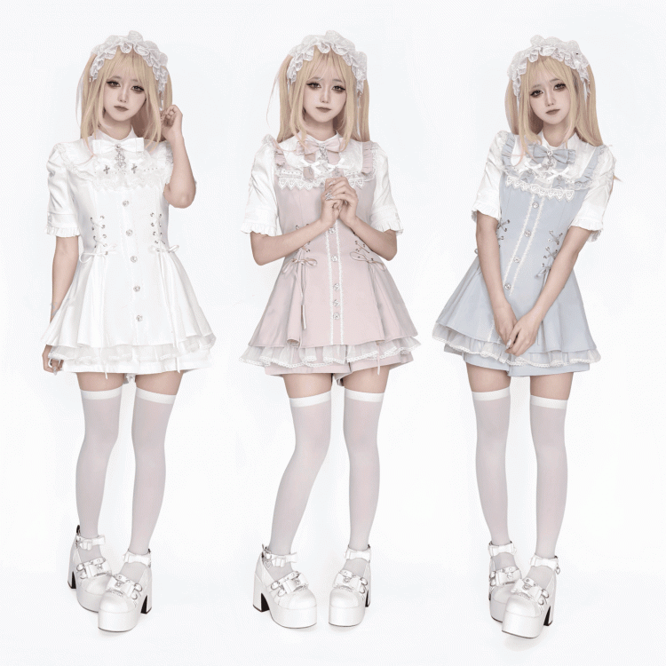 Tie a Shorts Gothic Jirai Featuring Set Blue Bib Light Lace-Up Dress Bow Details Kei
