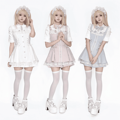 Tie a Shorts Gothic Jirai Featuring Set Blue Bib Light Lace-Up Dress Bow Details Kei