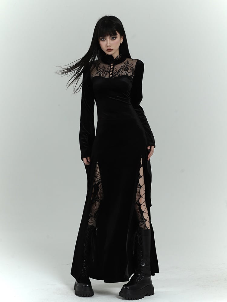 Gothic Black Velvet Contrast Lace Patches Bell Sleeves Side Slit Dress